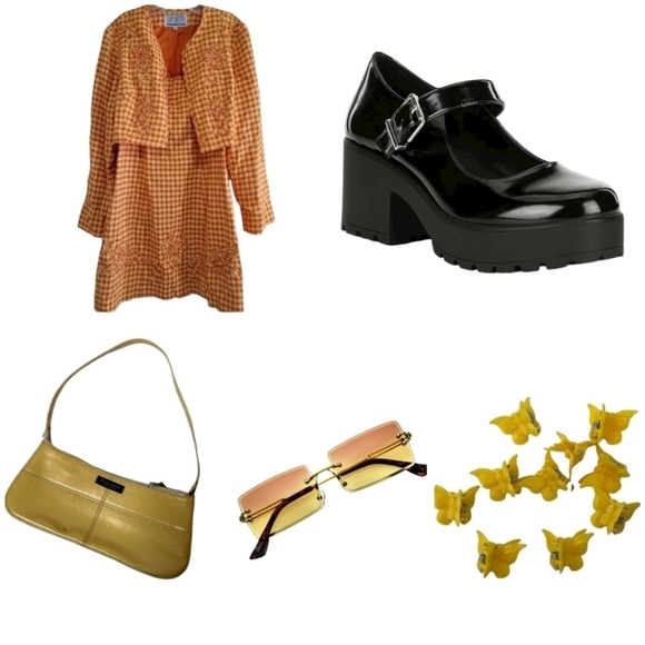 Sue Wong 90s Y2K Clueless Mini Dress Cropped Jacket Set Orange Yellow Gingham - Picture 2 of 10